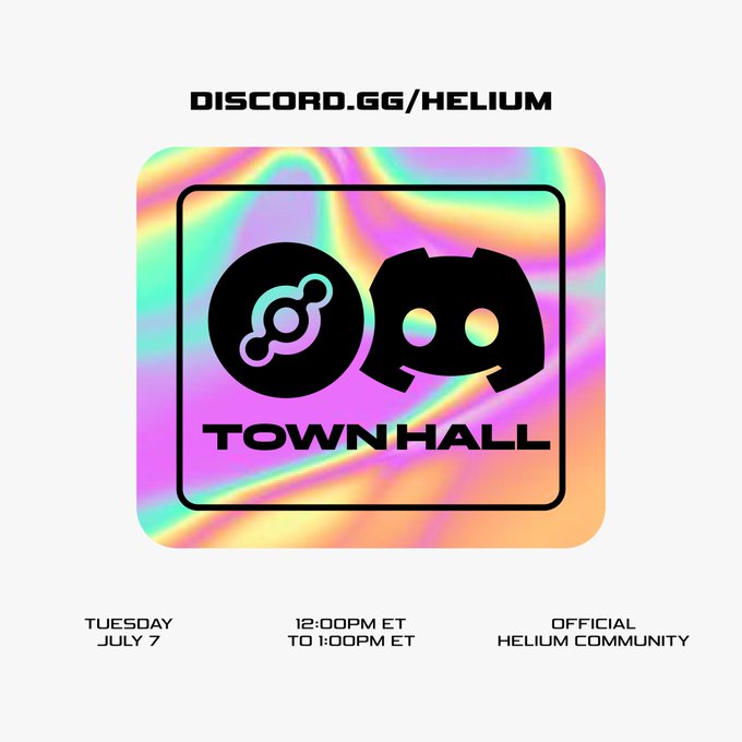 A promotional graphic for a Helium community Discord town hall scheduled for Tuesday, July 7 from 12:00pm–1:00pm ET, featuring a holographic-style design with Discord and Helium logos and the text "DISCORD.GG/HELIUM." The image reinforces the post's announcement, visually highlighting the event details and the invite link for members to join the discussion on Advisory Council seating and HIP-149.