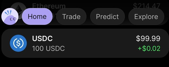 A screenshot of a crypto app interface showing navigation tabs (Home, Trade, Predict, Explore) and a USDC balance of $99.99 with a gain of +$0.02.