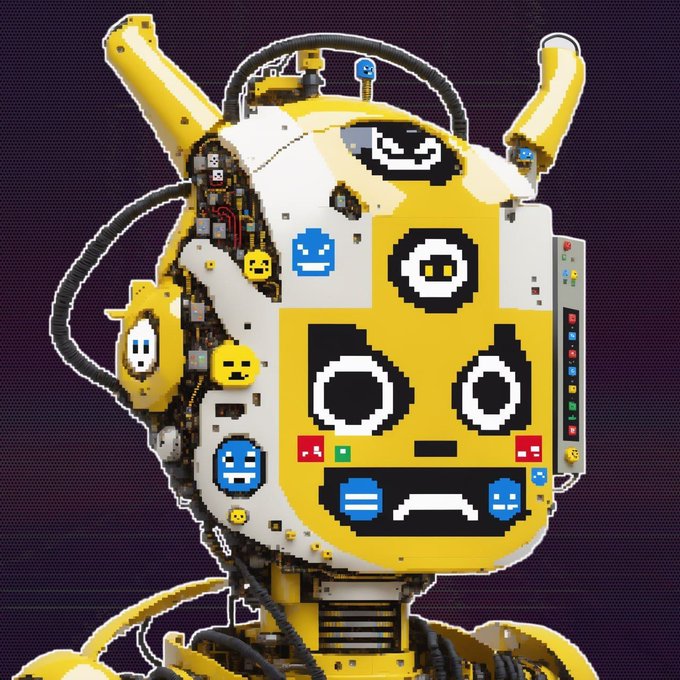 A pixel-art robot head is covered in yellow, black, blue, and white emoji-like faces, with a “S” symbol on its forehead. It represents one of the 3,333 faces-themed Ethereum NFTs in the Kokomoji (@Kokomojinft) project.