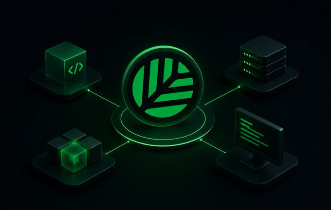 An isometric tech illustration showing a green circular logo at the center connected to servers, code icons, a monitor, and a small cube on a dark background.
