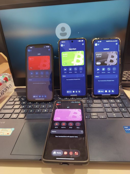 Four smartphones displaying the Cake Wallet app are arranged on a laptop keyboard—three standing upright showing "USD," "Wand Spot" (0 BTC), and "KasWare" (0 BTC) wallets, with a fourth phone lying flat in front displaying another wallet interface—visually exaggerating the "more than enough" phone setup referenced in the caption.