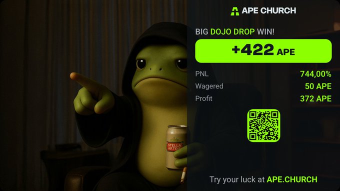 An advertisement for 'APE CHURCH' featuring a green frog-like creature holding a Stella Artois can, with a 'BIG DOJO DROP WIN!' banner showing '+422 APE', 'PNL 744,00%', and a QR code.