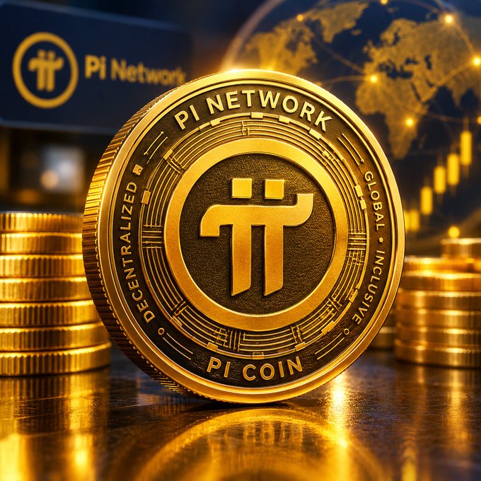 A golden Pi Network coin with 'PI NETWORK', 'DECENTRALIZED', 'GLOBAL INCLUSIVE', and 'PI COIN' inscribed on it sits against a backdrop of a digital globe and financial charts.