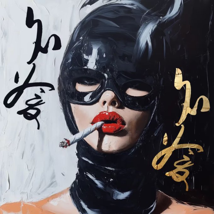 An oil painting of a woman wearing a black mask and hood, smoking a cigarette, with Chinese characters in the background.