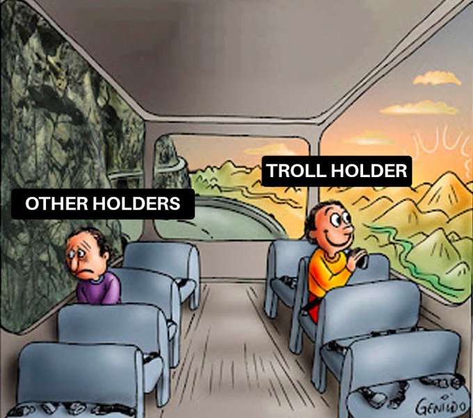 A meme cartoon depicting a bus with two labeled characters: 'Other Holders' shown as a sad person looking at a dark rocky wall on one side, and 'Troll Holder' shown as a happy person looking out at a sunny, beautiful landscape on the other side, signed 'Genildo'.