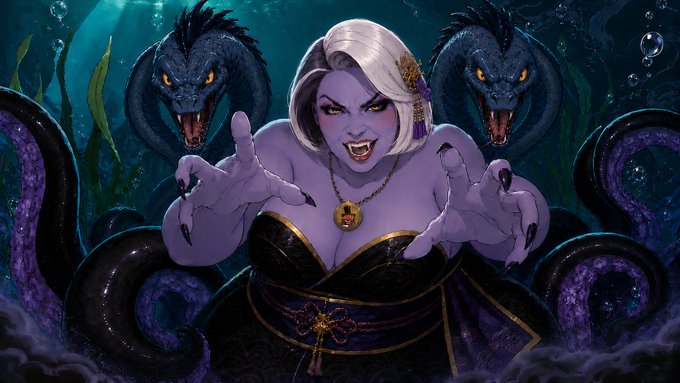 A fantasy illustration of a purple-skinned female vampire or demon character with white hair, fangs, and a black dress, flanked by two menacing dark sea serpents in an underwater setting.