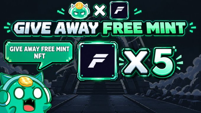 A digital promotional graphic advertising a 'GIVE AWAY FREE MINT' event, featuring a green cat mascot, an 'F' logo, and the text 'GIVE AWAY FREE MINT NFT x5' on a dark background.