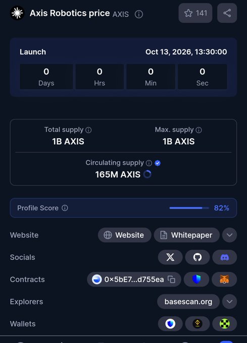 A mobile screenshot showing 'Axis Robotics price AXIS' token information with a launch countdown for Oct 13, 2026, 13:30:00, total/max supply of 1B AXIS, and 165M circulating supply.