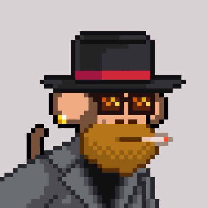 A pixel art illustration depicts a man with a brown beard wearing a black top hat with a red band and sunglasses, smoking a cigarette.