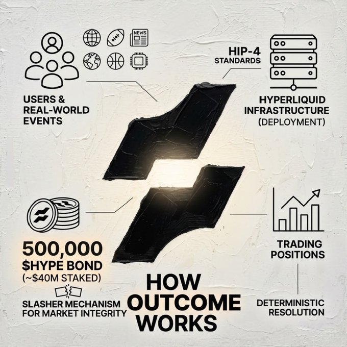 An infographic titled 'HOW OUTCOME WORKS' illustrates a system with components labeled 'USERS & REAL-WORLD EVENTS', 'HIP-4 STANDARDS', 'HYPERLIQUID INFRASTRUCTURE (DEPLOYMENT)', '500,000 $HYPE BOND (~$40M STAKED)', 'SLASHER MECHANISM FOR MARKET INTEGRITY', 'TRADING POSITIONS', and 'DETERMINISTIC RESOLUTION'.