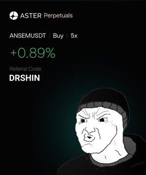 Promotional image for 'ASTER Perpetuals' showing the ANSEMUSDT trading pair with a +0.89% change, a referral code 'DRSHIN,' and a stylized black-and-white cartoon character wearing a beanie.