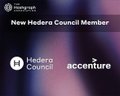 A digital badge or icon announcing a 'New Hedera Council Member' featuring the Hedera Council logo and the Accenture logo.