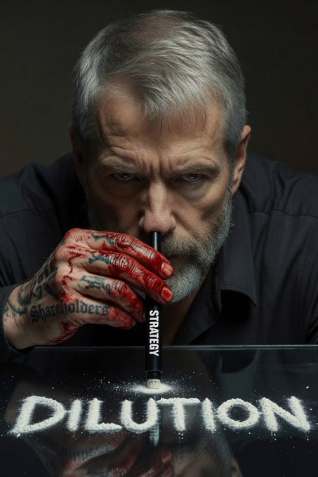 A man with bloodied hands and "Shareholders" tattooed on his fist is using a marker labeled "STRATEGY" to snort a line of powder that spells out "DILUTION," illustrating a destructive business strategy.