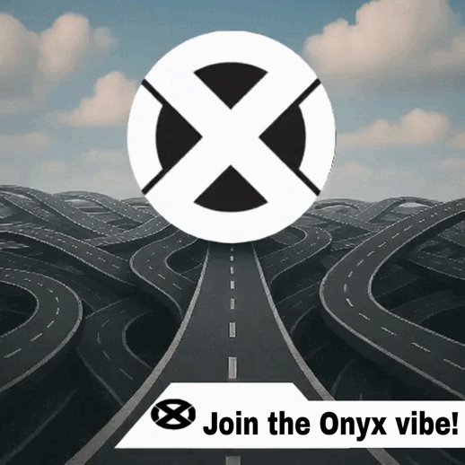 The image features a black and white road with multiple lanes going in different directions, creating a complex network of roads that resemble a maze-like structure. The text "JOIN THE ONYX VIBE!" is written below this scene, which suggests that the viewer should join the Onyx community to experience their high-performance Layer 3 built for speed, security, and zero gas fees.