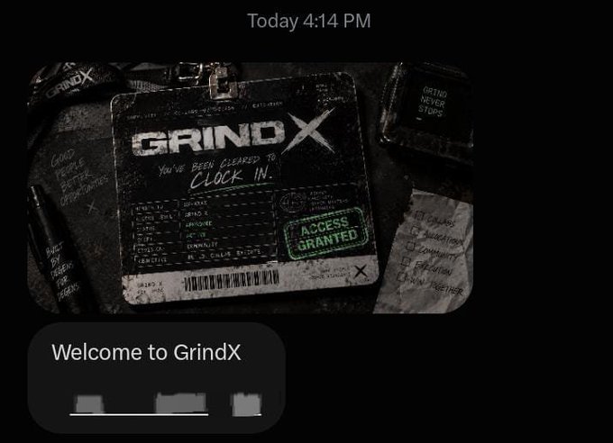 A GrindX notification saying 'Welcome to GrindX' with a dark, worn work ID card reading 'You've been cleared to CLOCK IN' and 'ACCESS GRANTED'.