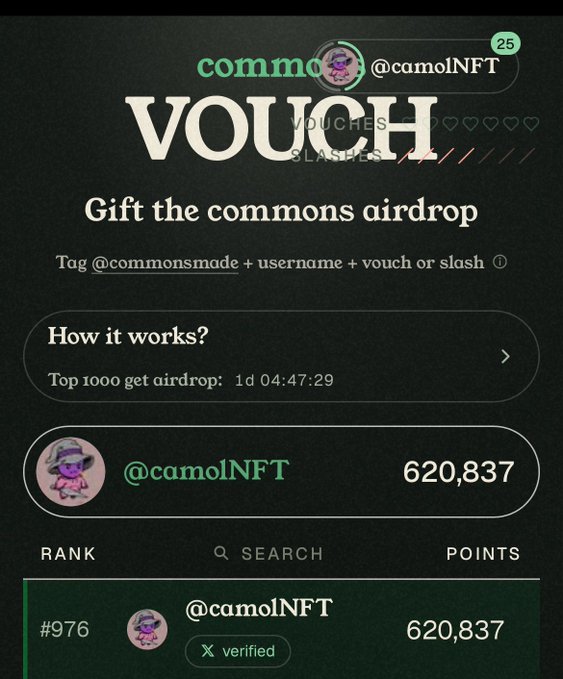 A screenshot from the Commons platform showing an airdrop interface for @camolNFT with 620,837 points, ranked #976.