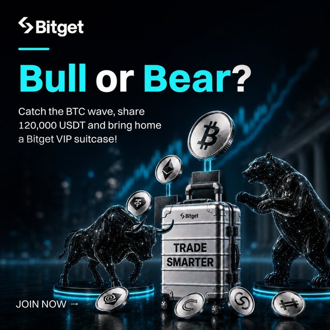 The Bitget promotional graphic features a metallic suitcase flanked by bull and bear statues with floating cryptocurrency coins (BTC, ETH, and others), promoting their "Bull or Bear?" event where participants can share 120,000 USDT and win a VIP suitcase by using the promo code "Share." The image ties into the post by illustrating Bitget's trading competition, offering a tangible prize (the VIP suitcase) as a more reliable alternative to speculating on market direction.