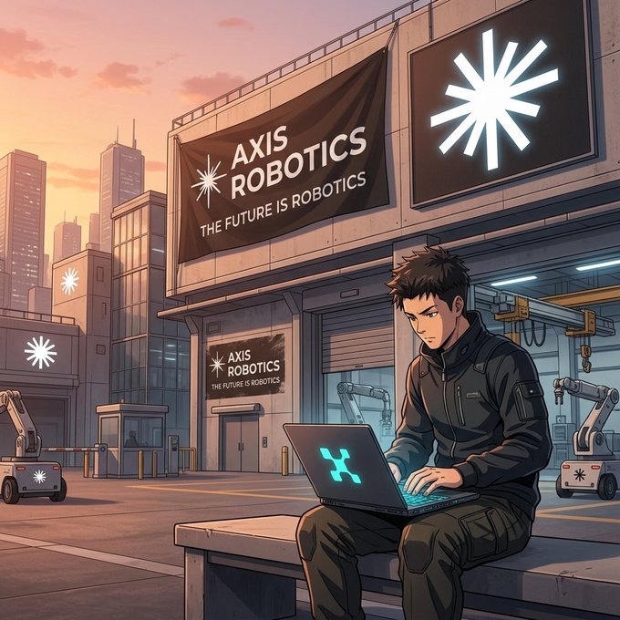 An anime-style illustration of a man in black workwear using a laptop outside the 'AXIS ROBOTICS' building, with the tagline 'THE FUTURE IS ROBOTICS'.