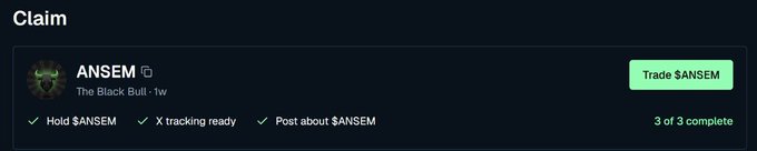 A task completion interface displays the "ANSEM" claim titled "The Black Bull" with a 1-week duration, showing three completed requirements: holding $ANSEM, X tracking ready, and posting about $ANSEM, alongside a "Trade $ANSEM" button. The image represents the final step of a multi-part airdrop eligibility process that required registering on bullpen.fi, linking an X account, adding a wallet, buying $ANSEM, and tweeting about it.