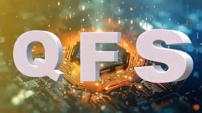 A 3D graphic displaying the large white letters 'QFS' over a glowing, circuit-board-like background with a fiery orange center.