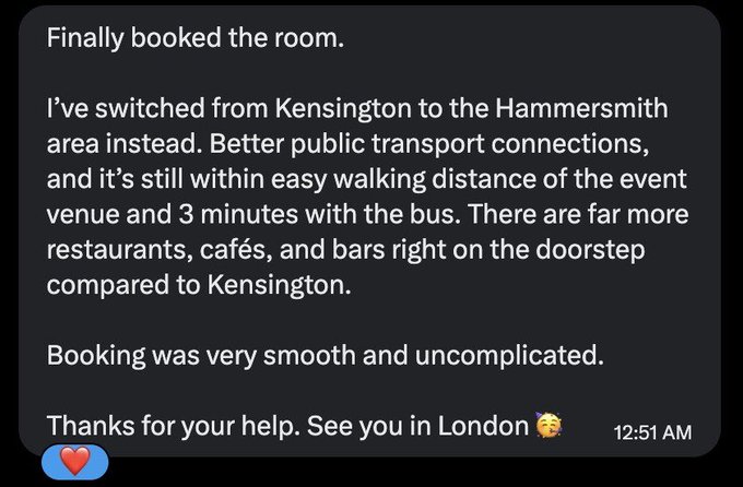 A screenshot of a text message at 12:51 AM reading 'Finally booked the room. I've switched from Kensington to the Hammersmith area instead...' with the sender thanking the recipient and saying 'See you in London'.