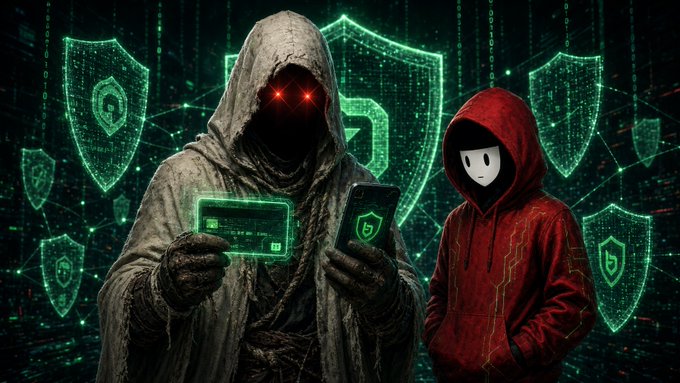 A digital illustration depicts two hooded figures—one in white with glowing red eyes holding a credit card, and another in red with a mask holding a phone—surrounded by glowing green digital shields.