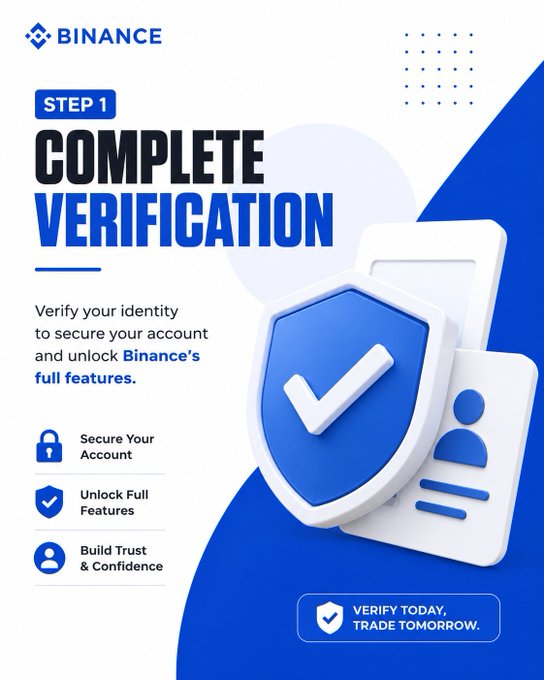 A Binance instructional graphic for 'STEP 1 COMPLETE VERIFICATION', instructing users to verify their identity to secure their account and unlock full features.
