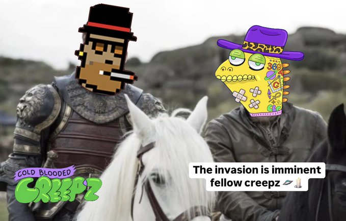 Meme image showing two medieval knights on horseback with pixelated and cartoon faces overlaid, branded 'COLD BLOODED CREEPE2' with text 'The invasion is imminent fellow creepz'.