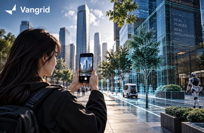 A promotional graphic for 'Vangrid' shows a woman photographing a futuristic, AI-enhanced cityscape with skyscrapers, autonomous vehicles, and a humanoid robot, with text reading 'REAL PLACES REAL INTELLIGENCE.'