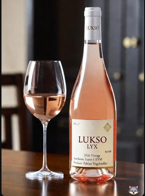 A bottle of 'LUKSO LYX' 2026 Vintage rosé wine with a 94/100 rating, sitting next to a filled wine glass on a wooden table.