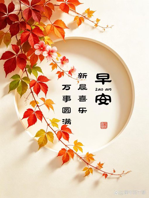 An illustration of red and orange autumn leaves and pink flowers framing a circular plate containing Chinese characters and the pinyin 'zǎo ān', which means 'good morning'.