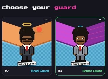A pixel-art style interface labeled 'choose your guard' showing two character options: #2 'Head Guard' and #3 'Senior Guard', both with 'POOL'S CLOSED!' notifications.