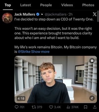 A tweet by Jack Mallers (@jackmallers) announcing he is stepping down as CEO of Twenty One, with an attached video showing him speaking to the camera.