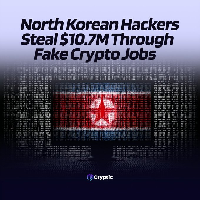 A digital illustration shows a computer monitor displaying a glowing red North Korean flag overlaid with binary code against a blue screen, with the headline "North Korean Hackers Steal $10.7M Through Fake Crypto Jobs" prominently displayed—visually reinforcing the post about WaterPlum/Contagious Interview using fraudulent job offers to lure developers into compromising crypto assets.