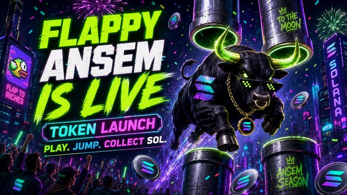 A vibrant promotional graphic announces the "FLAPPY ANSEM IS LIVE TOKEN LAUNCH" with bold neon green and purple text, featuring a charging bull wearing pixelated sunglasses and a gold chain alongside Solana coin logos and rockets labeled "TO THE MOON." The image visually captures the crypto-meme game launch described in the post, depicting the Flappy Ansem branding, pipes, and Solana collectibles that players will navigate during gameplay.