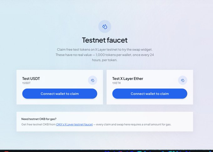 A testnet faucet page offering 1,000 free Test USDT (tUSDT) and Test X Layer Ether (tXETH) tokens per wallet every 24 hours, with a link to claim free testnet OKB for gas fees—useful for participants of the X Layer Campaign, like YieldOracle, to test the protocol's swap widget and on-chain transactions.