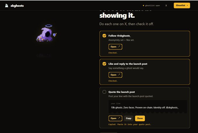 A screenshot of a website for zkghosts showing a Ghostlist task page titled 'showing it.' with checklist items to follow @zkghosts, like and reply to a launch post, and quote the launch post, featuring a small ghost character image.