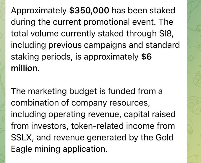 The image contains a text excerpt in English stating that approximately $350,000 has been staked during a current promotional event, with a total staked volume through "SL8" of about $6 million, and that marketing budget is funded from company resources including operating revenue, investor capital, and revenue from "SSLX" token and a "Gold Eagle" mining application.

The post references the $6 million (approximately 900 million yen) in staked principal and questions whether the funding source—described as a mix of company resources and investor capital—is legitimate, suggesting skepticism about whether staking interest payments are sustainable.