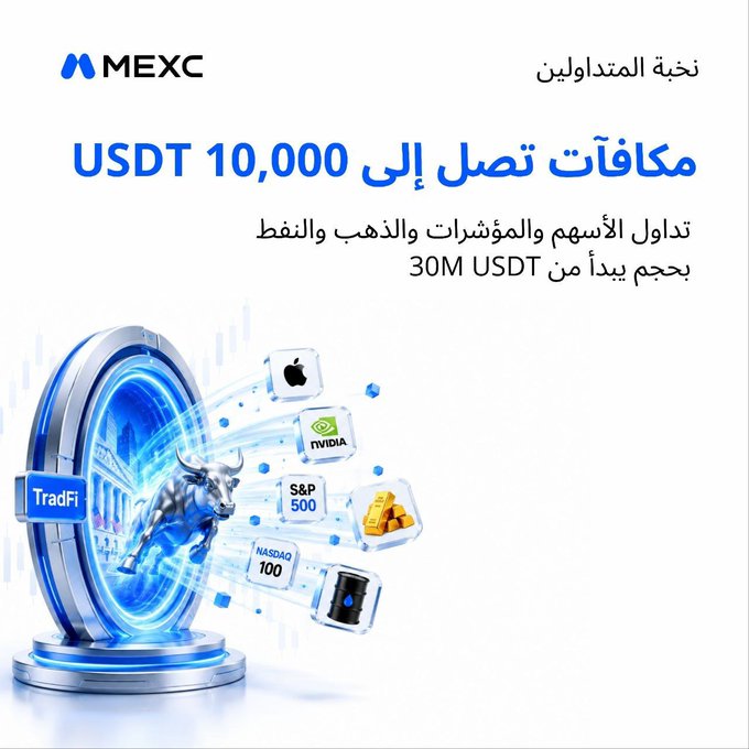 An advertisement for MEXC crypto exchange in Arabic, offering 'USDT 10,000' rewards for trading stocks and gold, with a 3D graphic showing a bull emerging from a portal alongside logos for Apple, NVIDIA, S&P 500, NASDAQ 100, and oil.