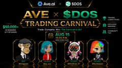 A promotional banner for an 'AVE X $DOS TRADING CARNIVAL' featuring the dates 'AUG 15 - AUG 25, 2024' alongside prize pool information and four chibi-style avatar characters.