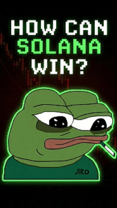 A Pepe the Frog meme with text reading "HOW CAN SOLANA WIN?" featuring a stylized chart in the background and a "Jito" watermark.