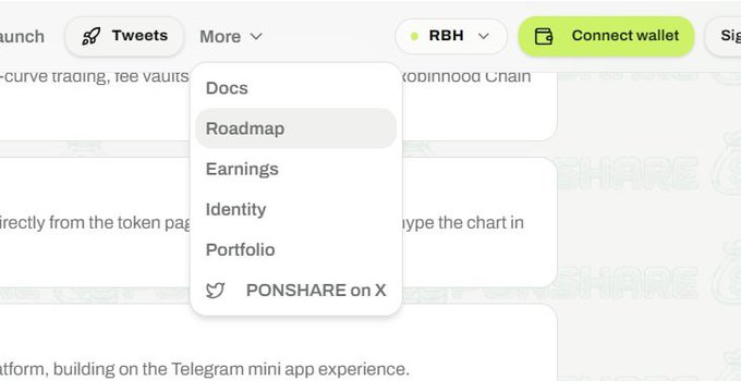A website menu showing options like Docs, Roadmap, Earnings, Identity, Portfolio, and PONSHARE on X.
