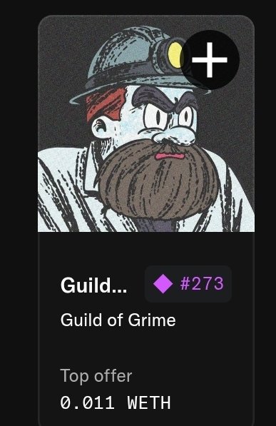 A cartoon miner with a headlamp and bushy beard is displayed on an NFT card labeled "Guild of Grime" (#273), listed with a top offer of 0.011 WETH, illustrating the WETH "lottery" the user won.