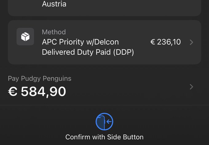 A digital payment screen showing a shipping total of €584,90 to Austria via APC Priority with Delcon DDP method, prompting to confirm with the side button.