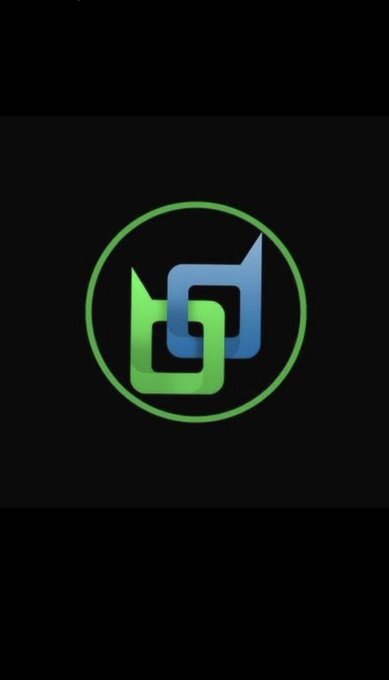 An animated logo featuring interlocking green and blue geometric shapes inside a green circle on a black background.