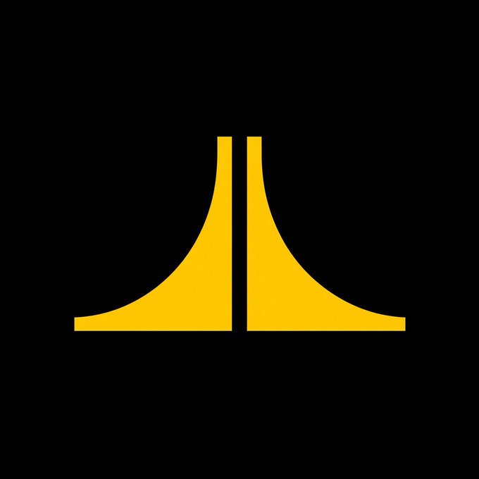 A yellow graphic depicting two symmetrical, arch-like shapes converging toward a central vertical line on a black background, resembling a stylized "M" or bridge structure. The minimalist design complements the post's message about a conservative, low-risk bank serving as a stabilizing "bridge" for crypto and fintech companies seeking a trustworthy financial partner.