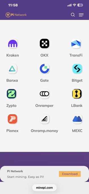 The image displays the Pi Network app interface showing a grid of cryptocurrency exchange partners available for Pi Coin trading, including Kraken, OKX, TransFi, Banxa, Gate, Bitget, Zypto, Onramper, LBank, Pionex, Onramp.money, and MEXC. The accompanying post suggests this list of integrated exchanges demonstrates Pi Network's legitimacy and development progress, arguing that the KYB (Know Your Business) requirements imposed on these platforms reflect serious mainstream adoption rather than the criticism from skeptics.