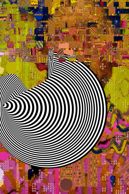 The image features a large abstract painting with a black and white color scheme, which appears to be a representation of a spiral pattern or a design. The artwork has been edited using Photoshop, giving it an artistic and visually striking appearance. The colors used in the painting are predominantly black and white, creating a stark contrast that makes the piece stand out. The image also includes text elements such as "Among Distant Roots 1 ED. / 50 tz". This suggests that the artist may have been inspired by the concept of time travel or exploring different dimensions within their work.