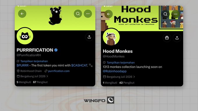 Two side-by-side mobile app screens display Robinhood NFT collection profiles: "PURRRFICATION" (@PurrrficationRH), featuring a cat logo and tagged as the first token minted with $CASHCAT, and "Hood Monkes" (@HoodMonkes), promoting a 1313 pixel art monkeys collection launching on Robinhood Chain, both set to debut in July 2026.