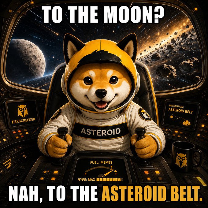 A Shiba Inu dog in an astronaut suit pilots a spacecraft through space, with text reading "TO THE MOON?" at the top and "NAH, TO THE ASTEROID BELT" at the bottom, alongside labels "DEXSCREENER," "DESTINATION: ASTEROID BELT," "ASTEROID," and "FUEL: MEMES, HYPE: MAX."